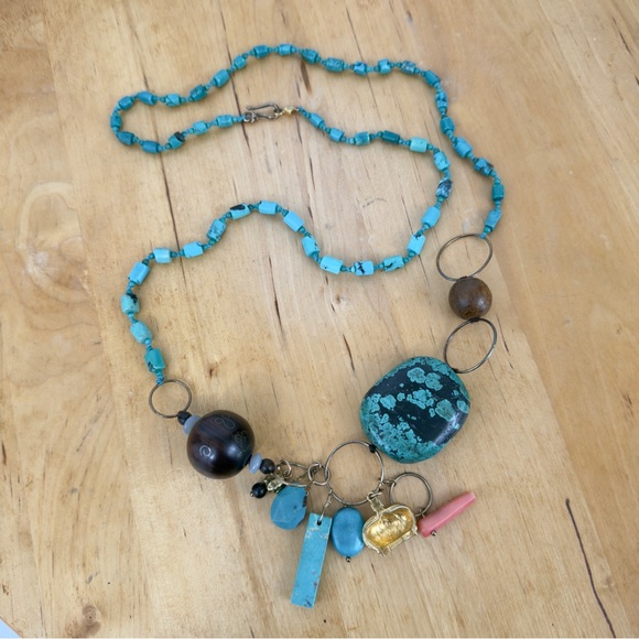 CHAN LUU Multi-beaded Turquoise Long Necklace w Crown Charm & Sterling 925 Clasp - Picture 13 of 16